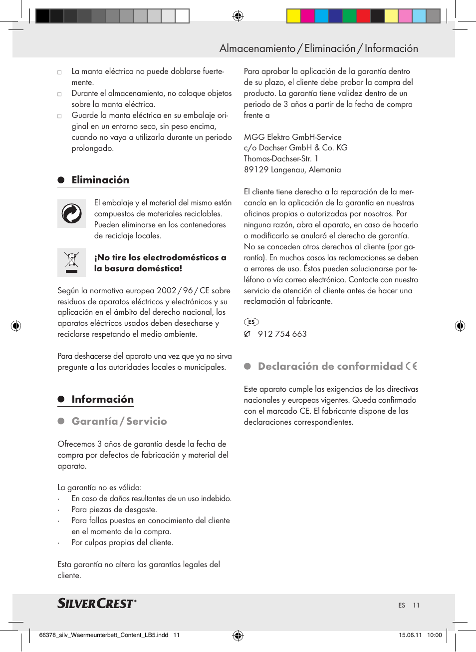 Almacenamiento / eliminación / información, Eliminación, Información | Garantía / servicio, Declaración de conformidad | Silvercrest Luxury Heated Mattress Pad User Manual | Page 7 / 40