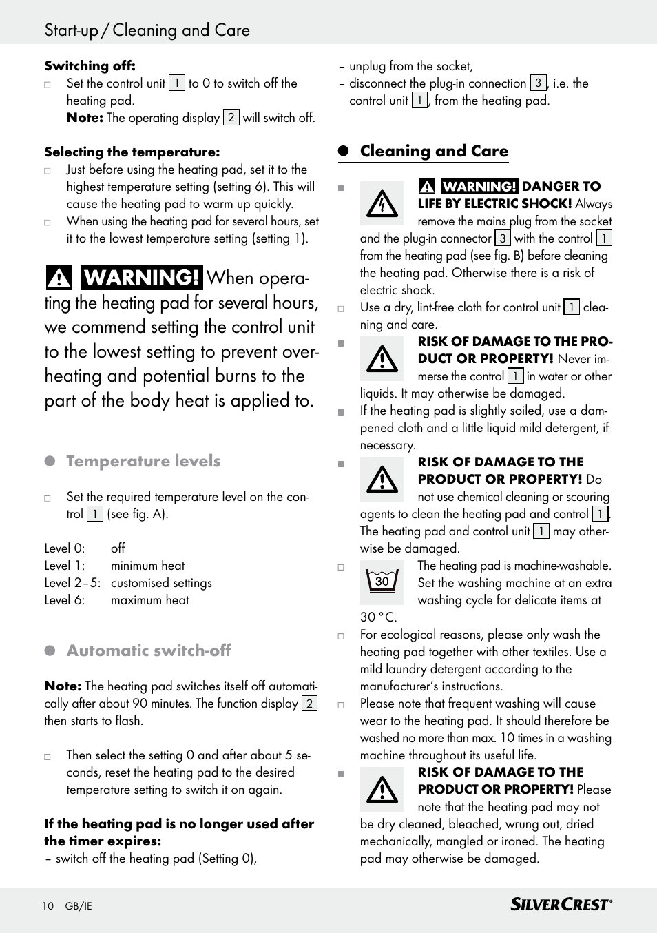 Temperature levels, Automatic switch-off, Cleaning and care | Silvercrest SRNH 100 C2 User Manual | Page 10 / 57