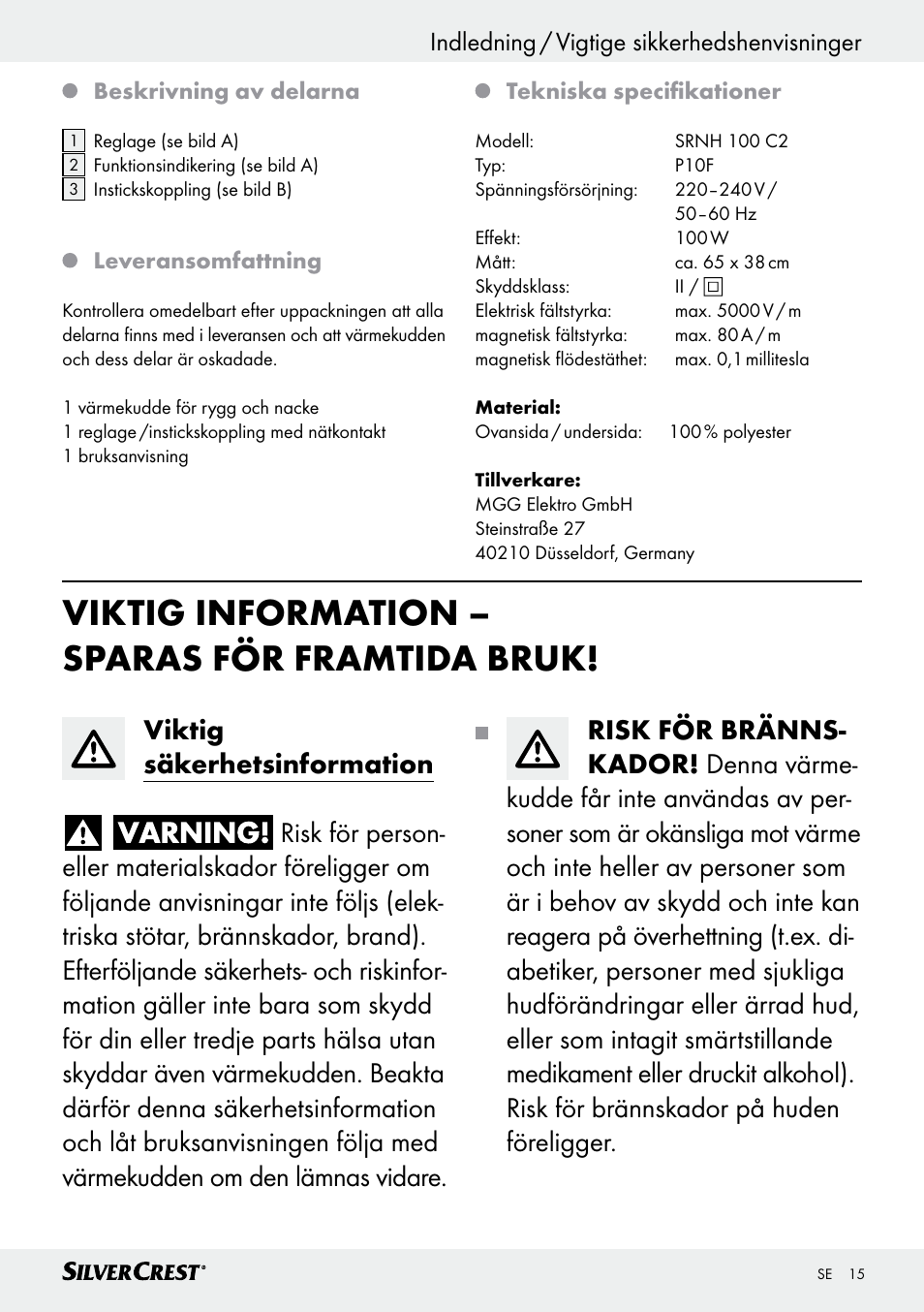 Viktig information – sparas för framtida bruk | Silvercrest SRNH 100 C2 User Manual | Page 15 / 57