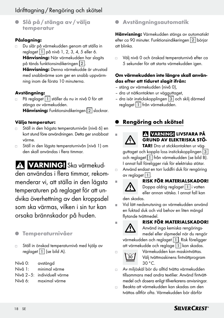 Slå på / stänga av / välja temperatur, Temperaturnivåer, Avstängningsautomatik | Rengöring och skötsel | Silvercrest SRNH 100 C2 User Manual | Page 18 / 57