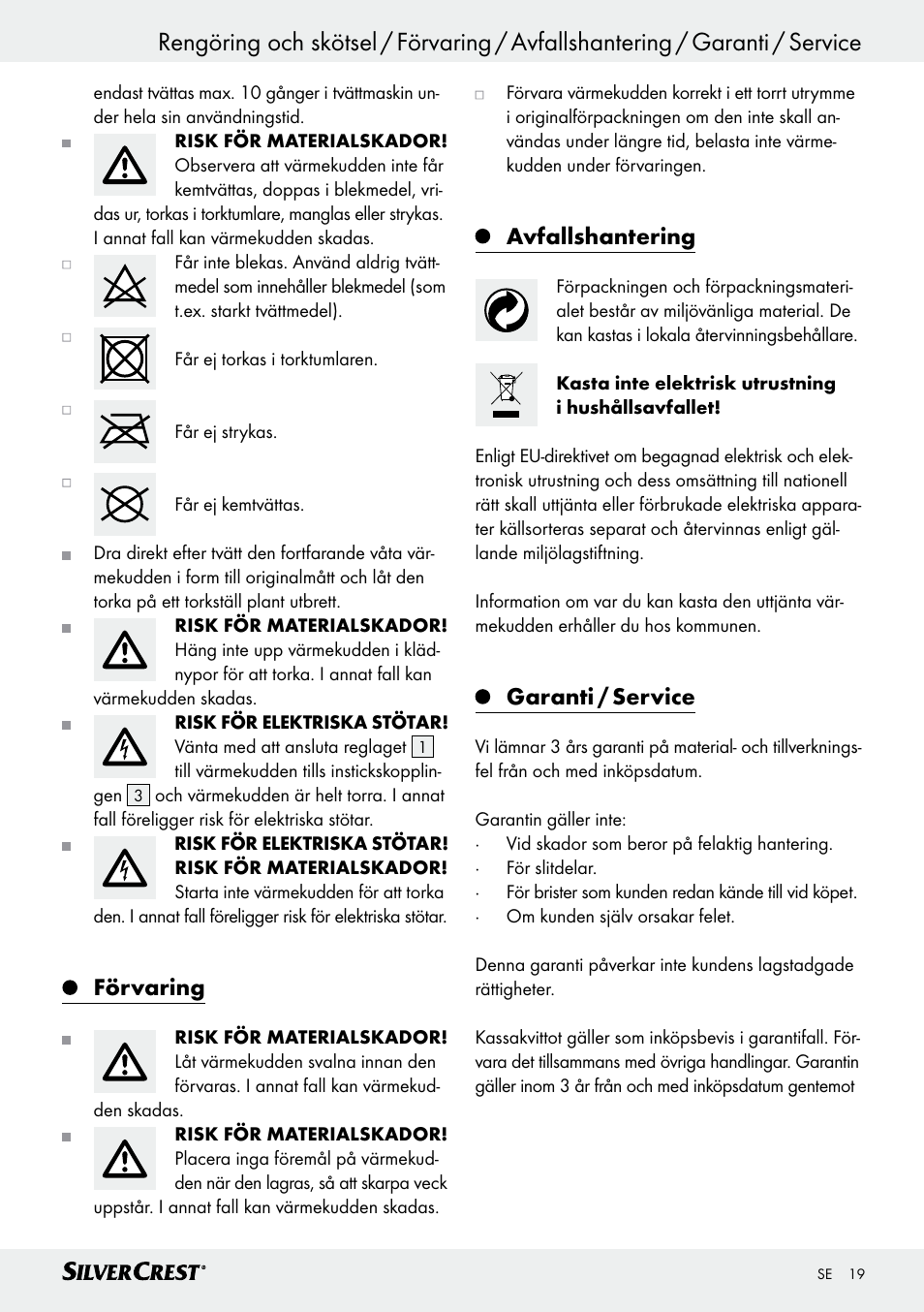 Förvaring, Avfallshantering, Garanti / service | Silvercrest SRNH 100 C2 User Manual | Page 19 / 57