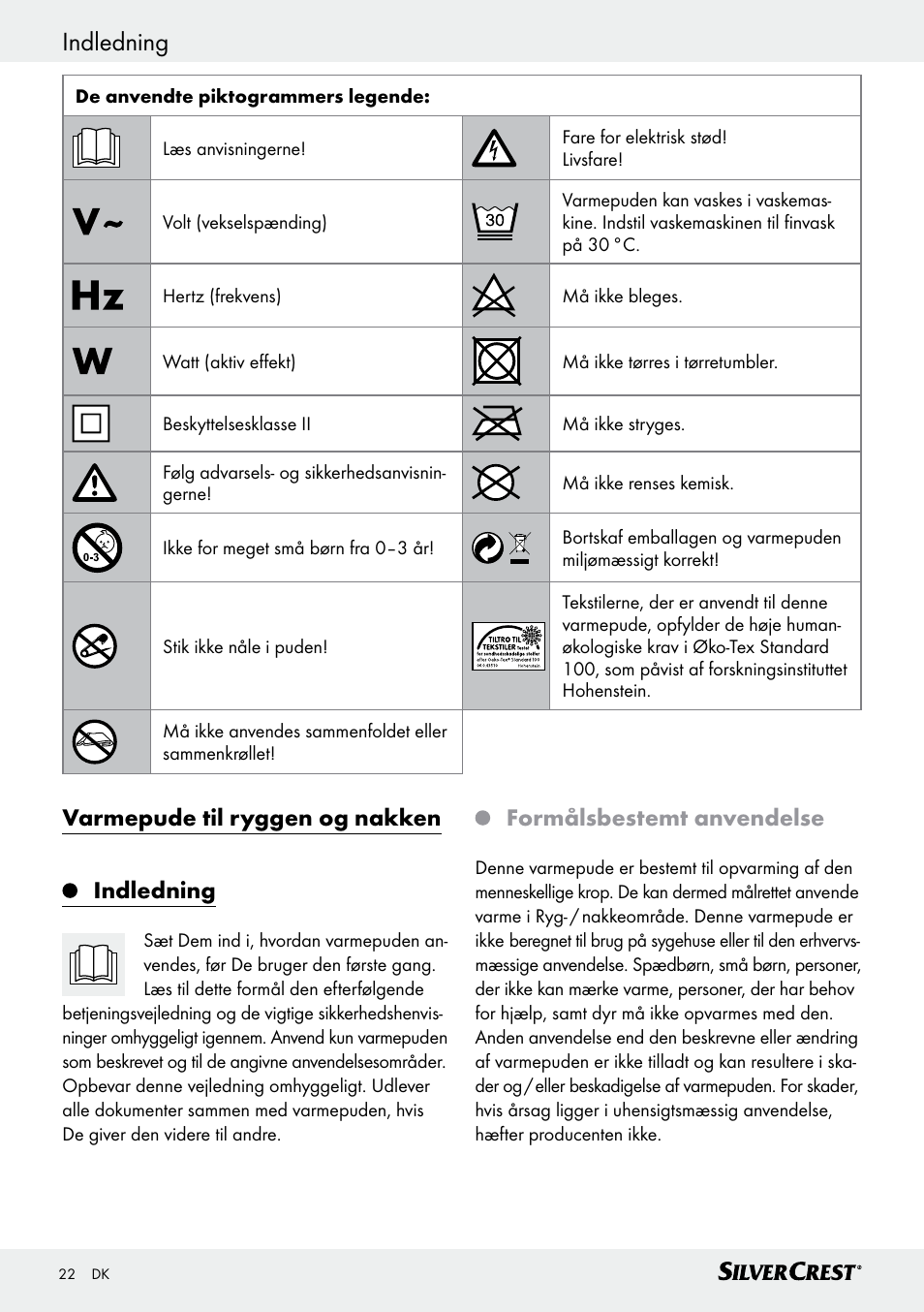 Varmepude til ryggen og nakken indledning, Formålsbestemt anvendelse | Silvercrest SRNH 100 C2 User Manual | Page 22 / 57
