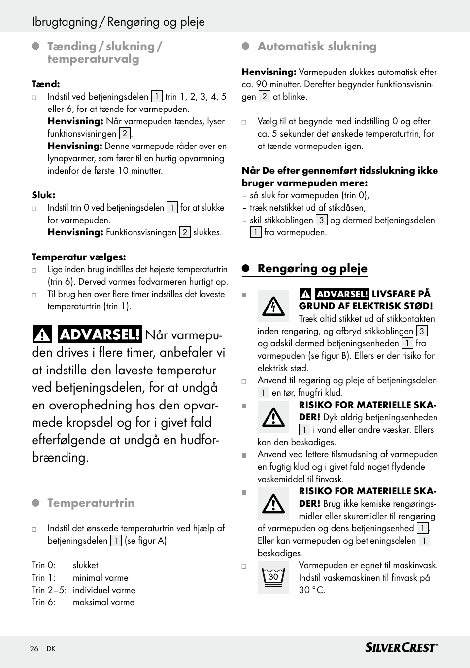 Tænding / slukning / temperaturvalg, Temperaturtrin, Automatisk slukning | Rengøring og pleje | Silvercrest SRNH 100 C2 User Manual | Page 26 / 57
