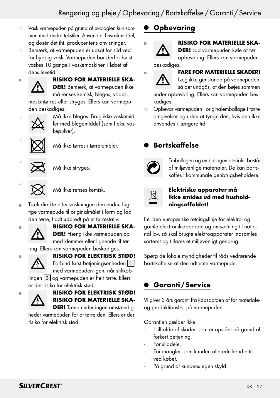 Opbevaring, Bortskaffelse, Garanti / service | Silvercrest SRNH 100 C2 User Manual | Page 27 / 57