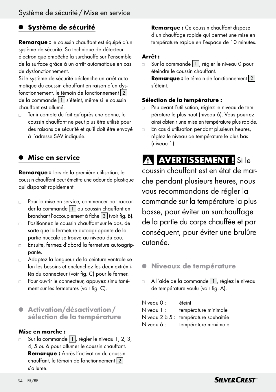 Système de sécurité, Mise en service, Niveaux de température | Silvercrest SRNH 100 C2 User Manual | Page 34 / 57