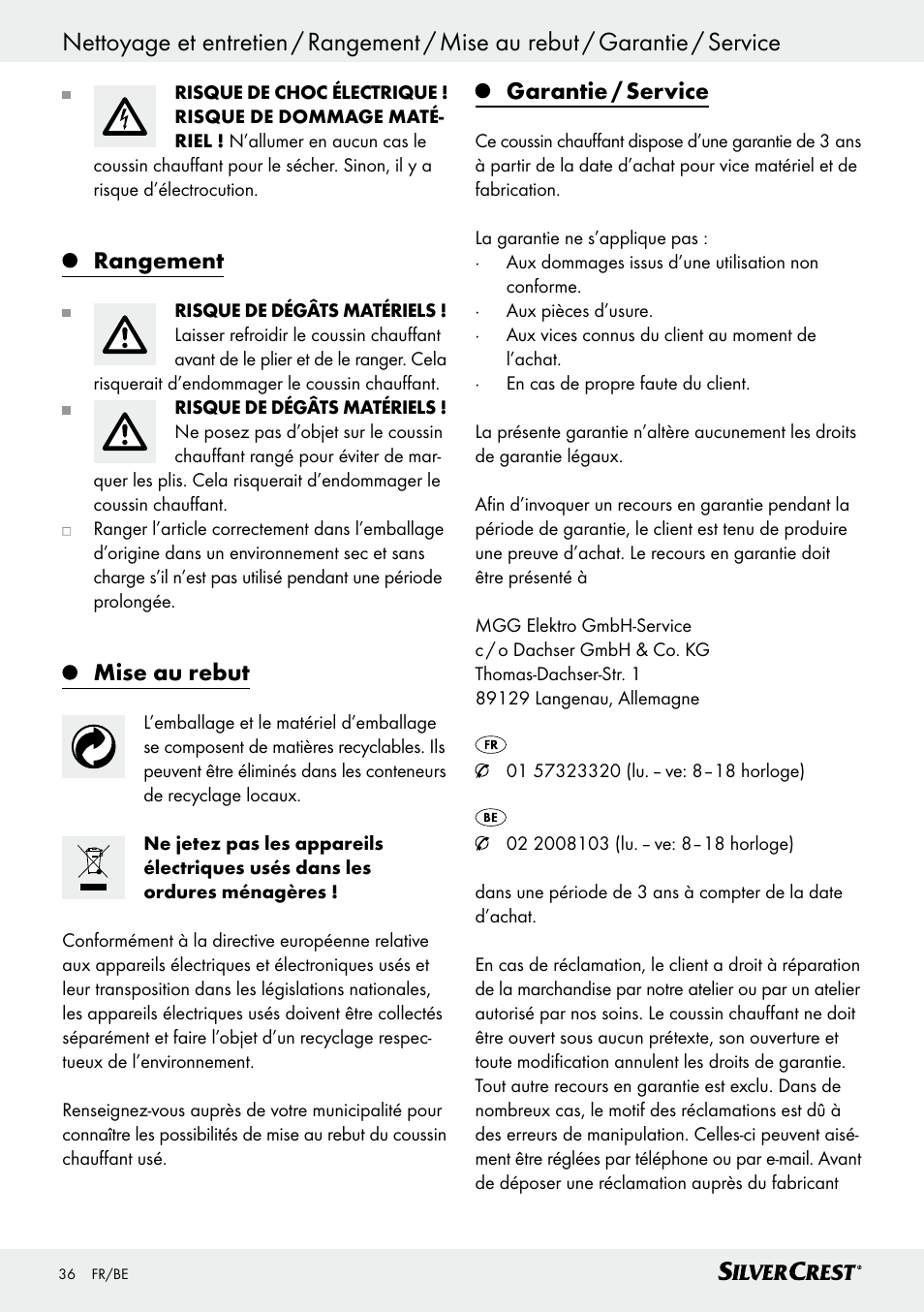 Rangement, Mise au rebut, Garantie / service | Silvercrest SRNH 100 C2 User Manual | Page 36 / 57