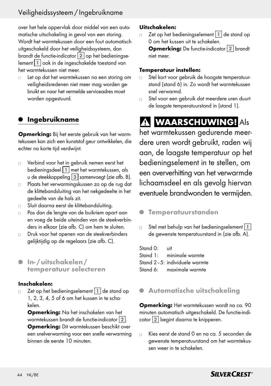 Ingebruikname, In- / uitschakelen / temperatuur selecteren, Temperatuurstanden | Automatische uitschakeling | Silvercrest SRNH 100 C2 User Manual | Page 44 / 57