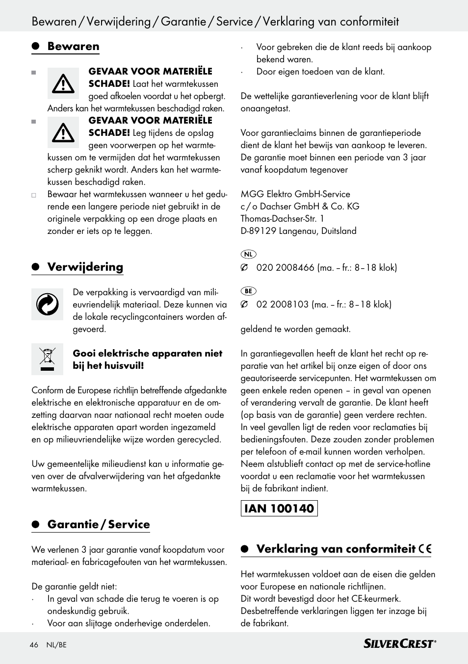 Bewaren, Verwijdering, Garantie / service | Silvercrest SRNH 100 C2 User Manual | Page 46 / 57