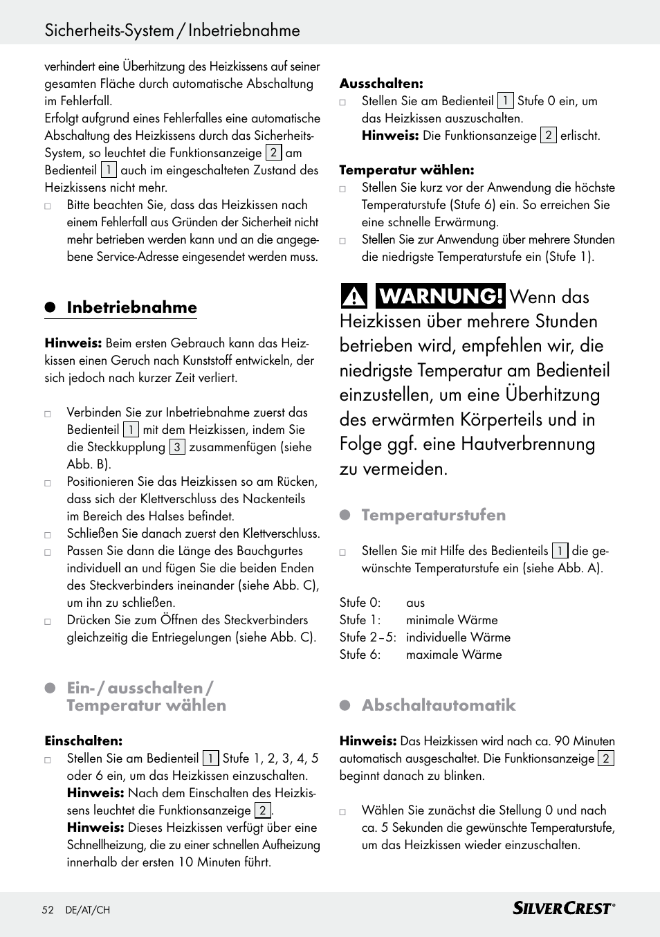 Inbetriebnahme, Ein- / ausschalten / temperatur wählen, Temperaturstufen | Abschaltautomatik | Silvercrest SRNH 100 C2 User Manual | Page 52 / 57