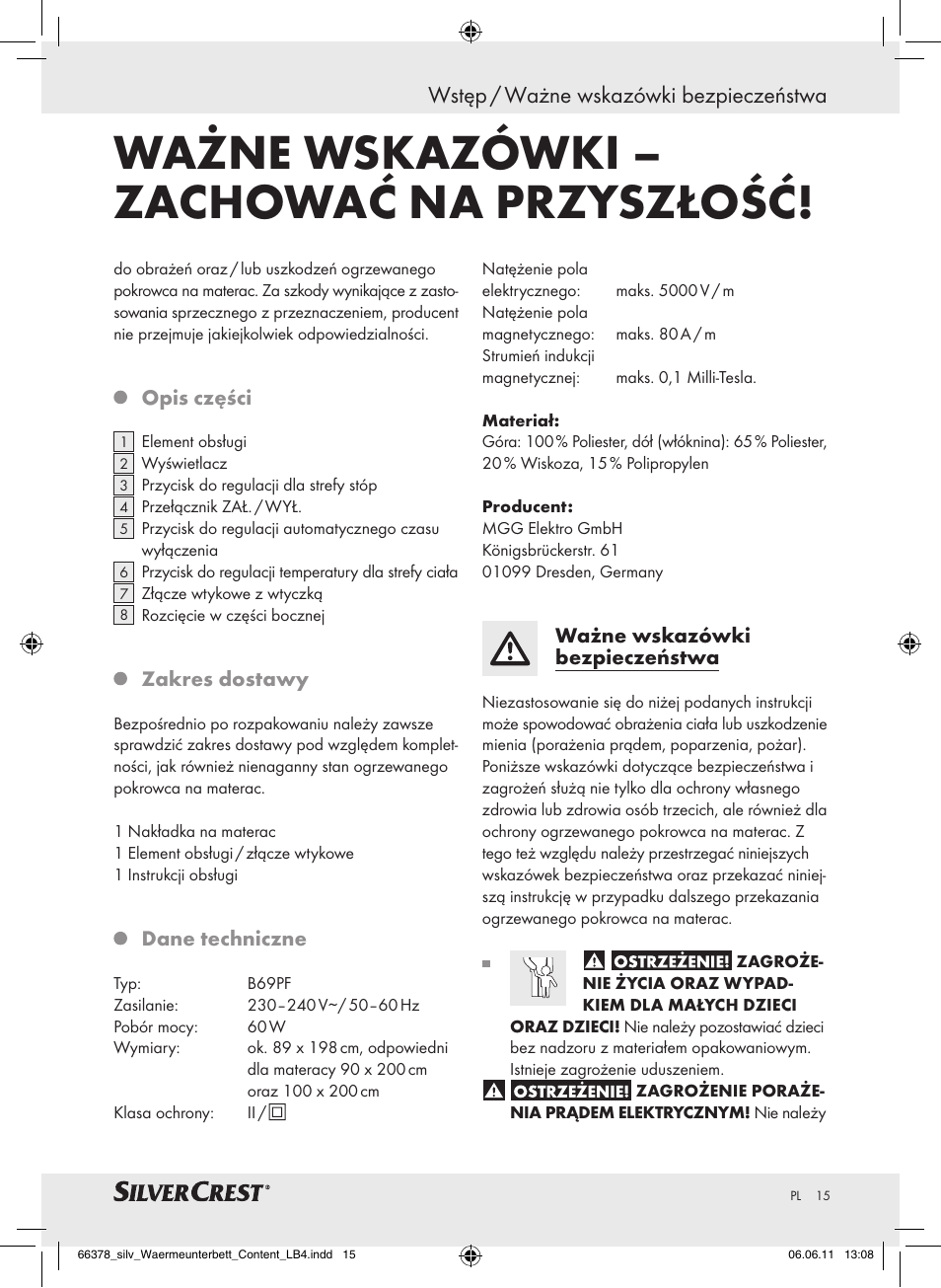 Ważne wskazówki – zachować na przyszłość, Wstęp / ważne wskazówki bezpieczeństwa | Silvercrest Luxury Heated Mattress Pad User Manual | Page 11 / 58