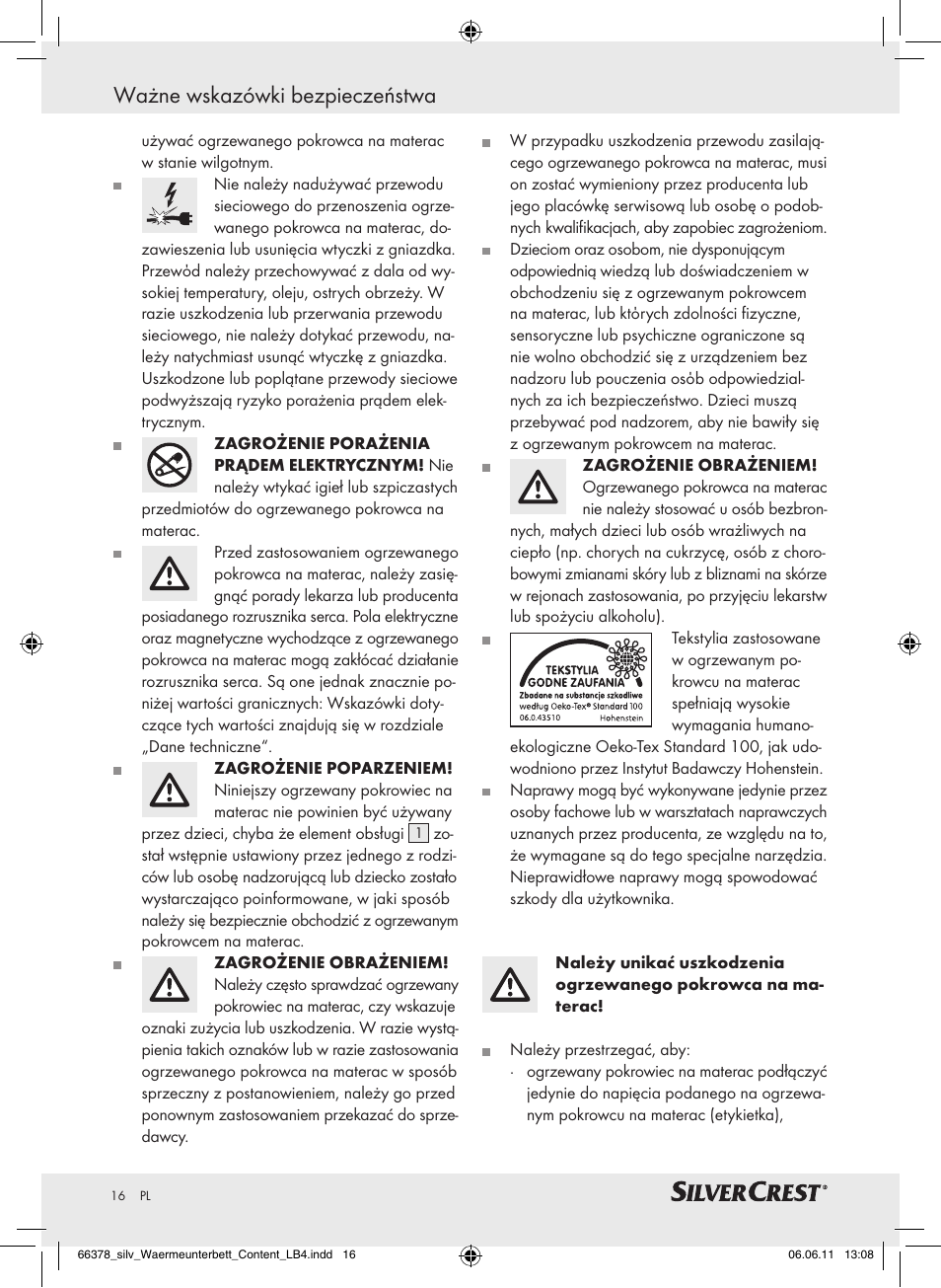 Ważne wskazówki bezpieczeństwa | Silvercrest Luxury Heated Mattress Pad User Manual | Page 12 / 58