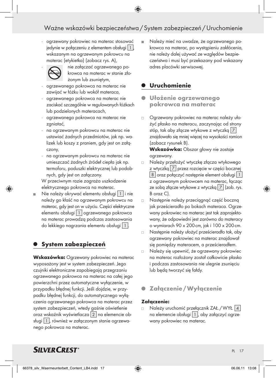 System zabezpieczeń, Uruchomienie, Ułożenie ogrzewanego pokrowca na materac | Załączenie / wyłączenie | Silvercrest Luxury Heated Mattress Pad User Manual | Page 13 / 58