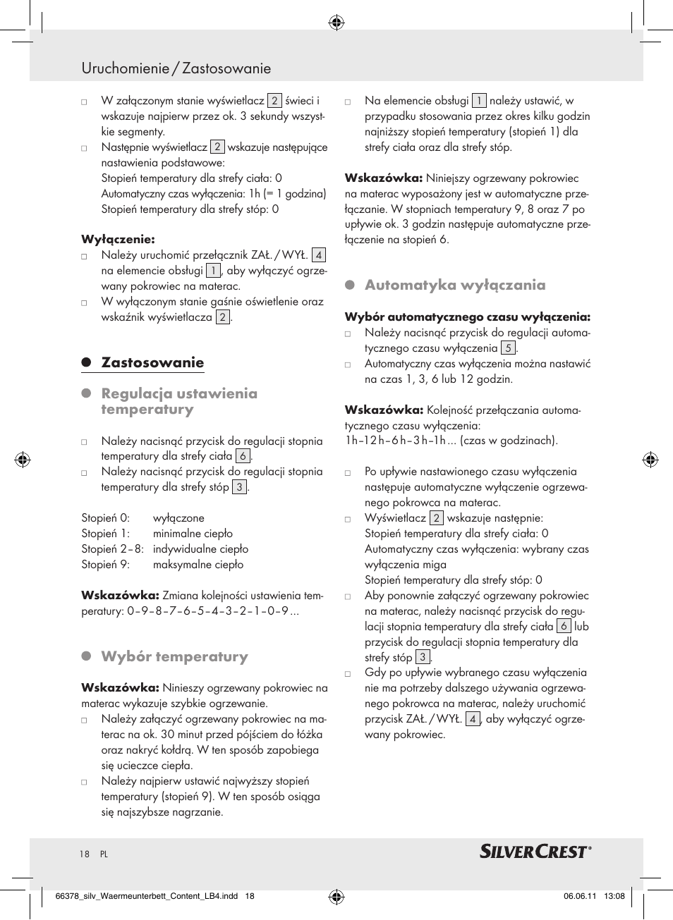 Uruchomienie / zastosowanie, Zastosowanie, Regulacja ustawienia temperatury | Wybór temperatury, Automatyka wyłączania | Silvercrest Luxury Heated Mattress Pad User Manual | Page 14 / 58