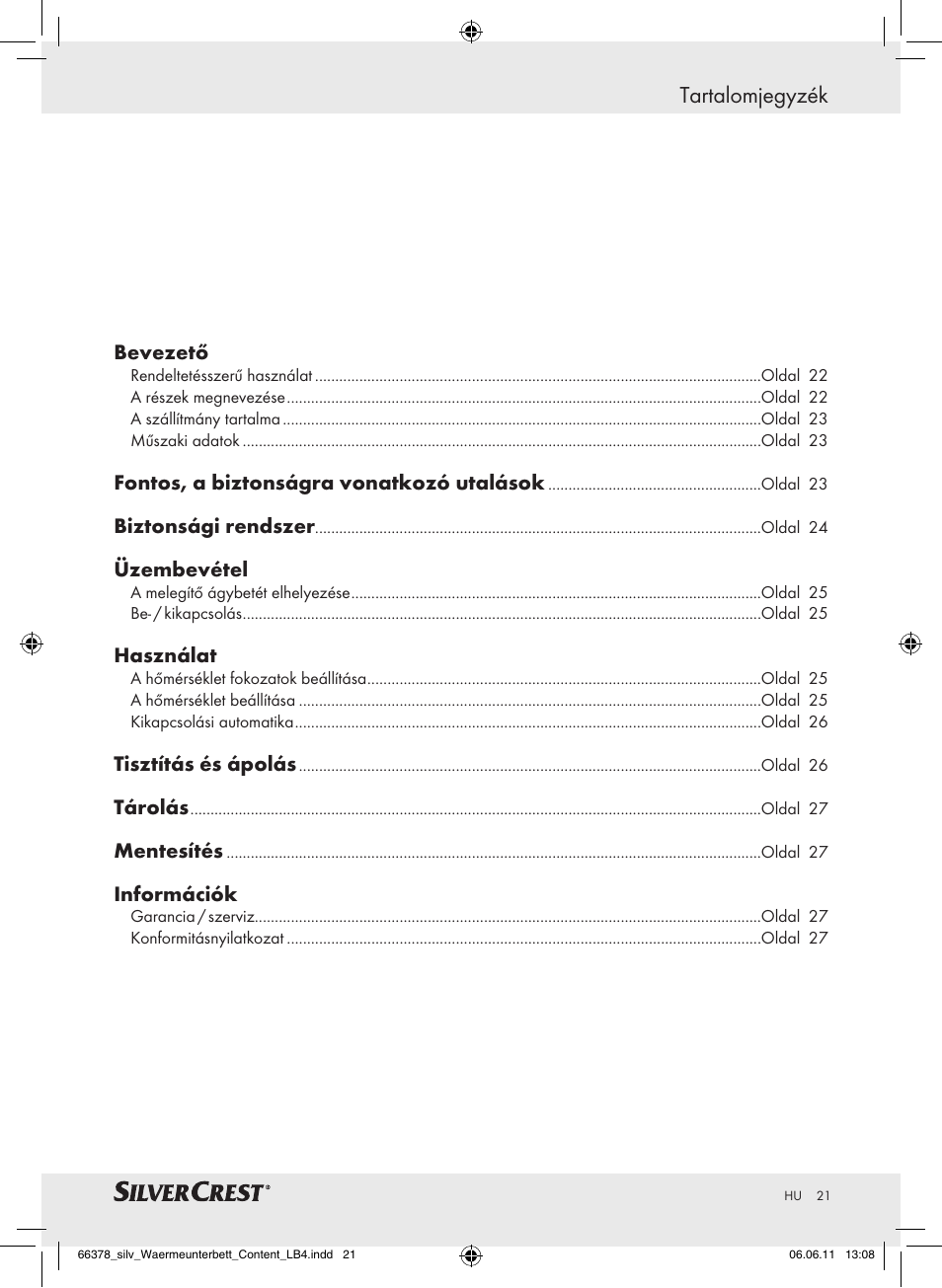 Tartalomjegyzék | Silvercrest Luxury Heated Mattress Pad User Manual | Page 17 / 58