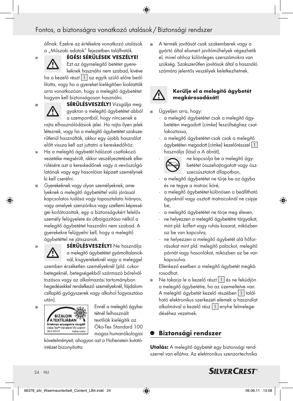 Biztonsági rendszer | Silvercrest Luxury Heated Mattress Pad User Manual | Page 20 / 58