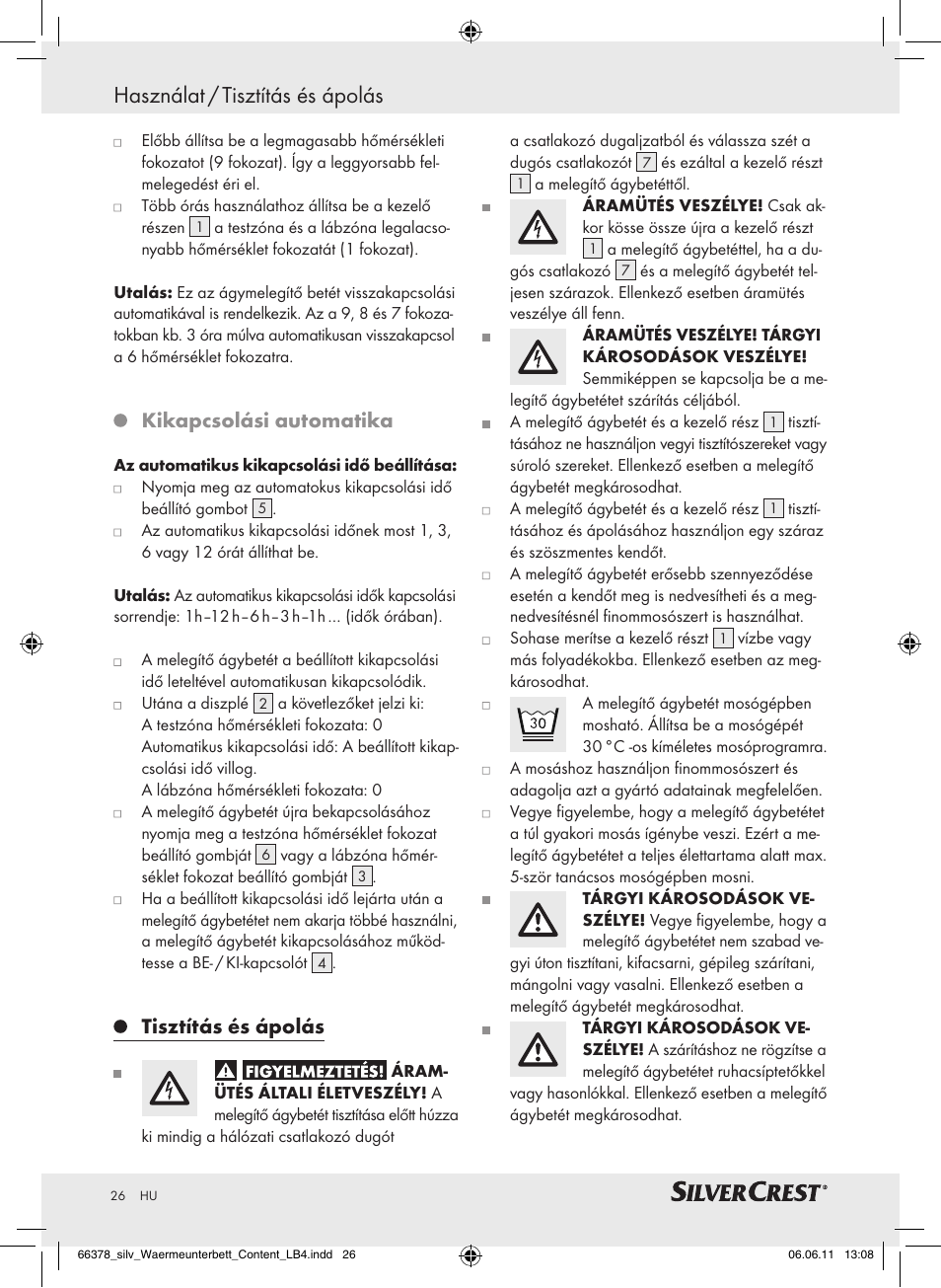 Használat / tisztítás és ápolás, Kikapcsolási automatika, Tisztítás és ápolás | Silvercrest Luxury Heated Mattress Pad User Manual | Page 22 / 58