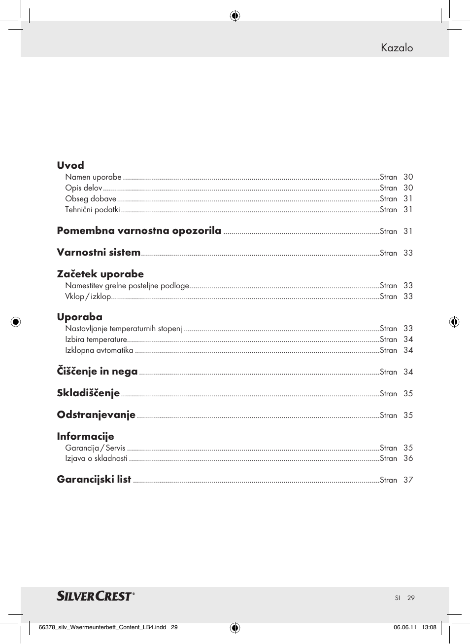 Kazalo | Silvercrest Luxury Heated Mattress Pad User Manual | Page 25 / 58