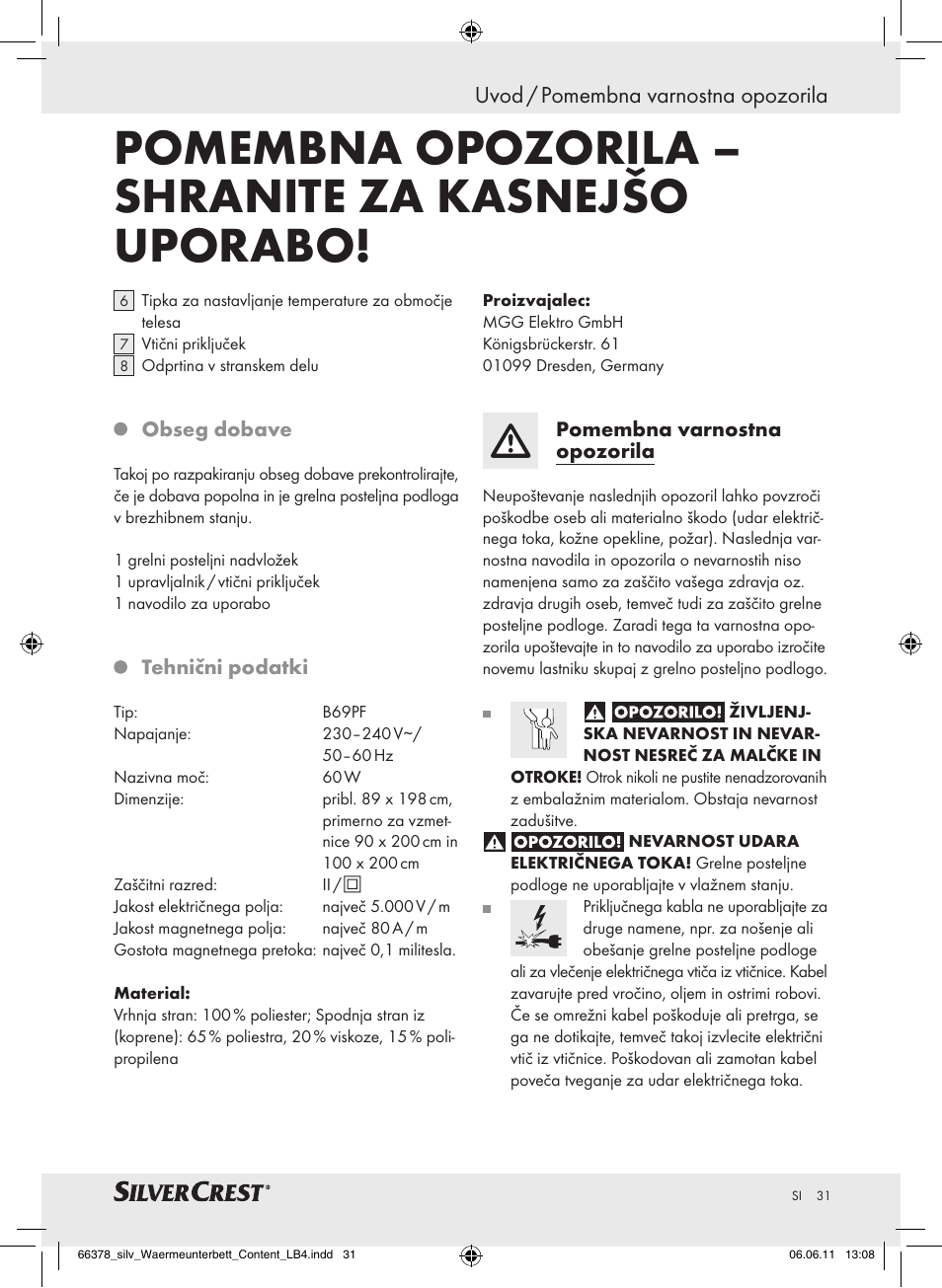 Pomembna opozorila – shranite za kasnejšo uporabo, Uvod / pomembna varnostna opozorila | Silvercrest Luxury Heated Mattress Pad User Manual | Page 27 / 58