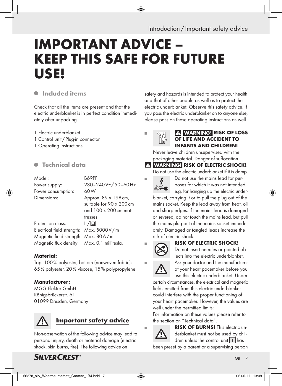 Important advice – keep this safe for future use, Introduction / important safety advice | Silvercrest Luxury Heated Mattress Pad User Manual | Page 3 / 58