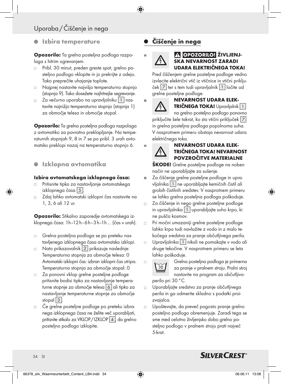 Uporaba / čiščenje in nega, Izbira temperature, Izklopna avtomatika | Čiščenje in nega | Silvercrest Luxury Heated Mattress Pad User Manual | Page 30 / 58