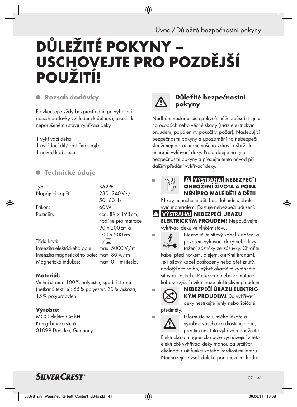 Důležité pokyny – uschovejte pro pozdější použití, Úvod / důležité bezpečnostní pokyny | Silvercrest Luxury Heated Mattress Pad User Manual | Page 37 / 58