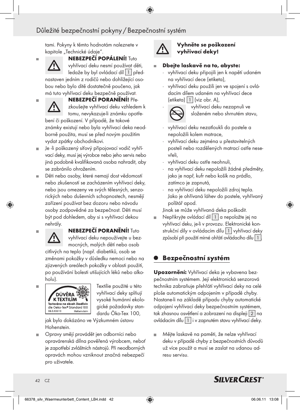 Důležité bezpečnostní pokyny / bezpečnostní systém, Bezpečnostní systém | Silvercrest Luxury Heated Mattress Pad User Manual | Page 38 / 58