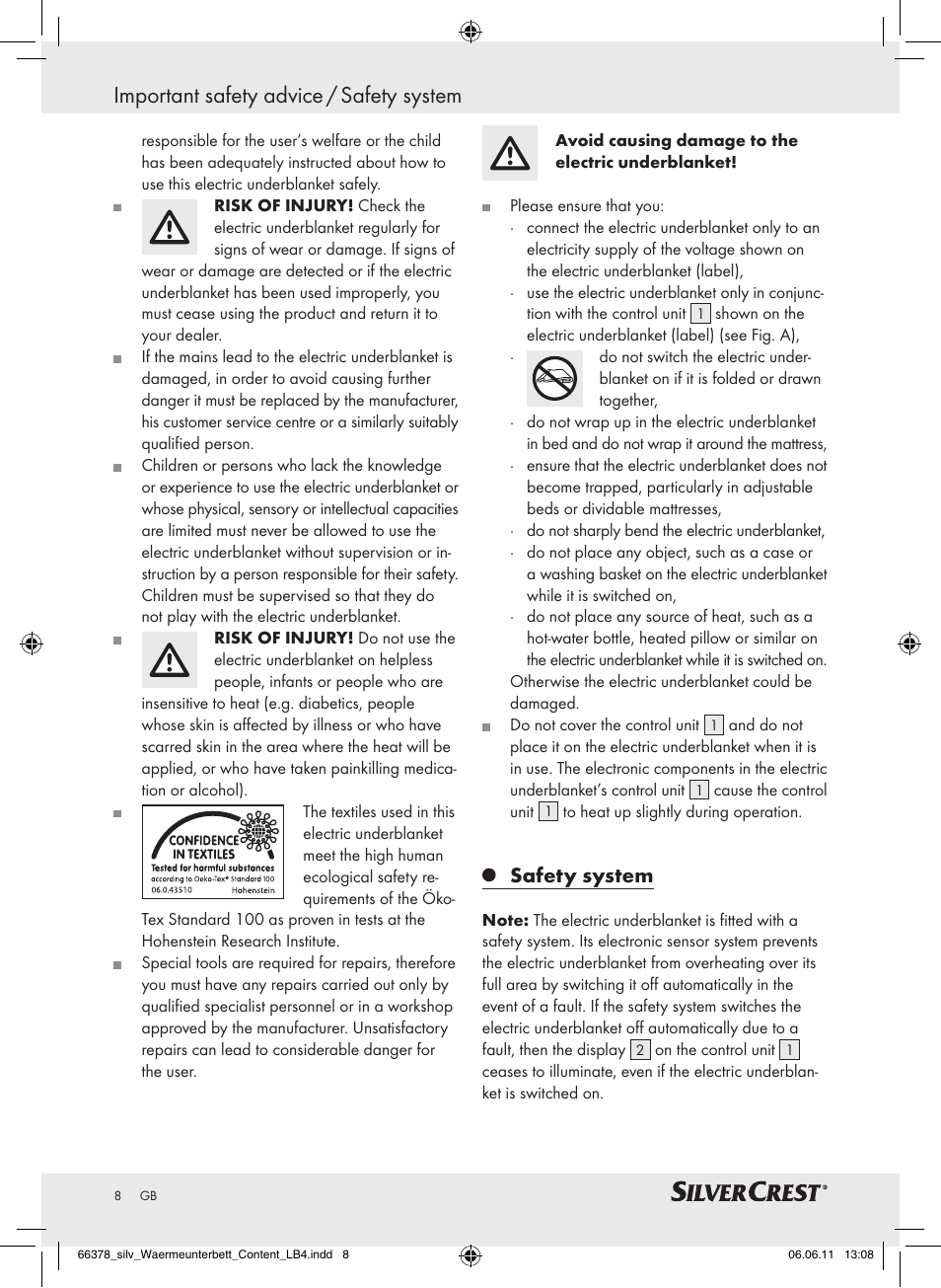 Important safety advice / safety system, Safety system | Silvercrest Luxury Heated Mattress Pad User Manual | Page 4 / 58