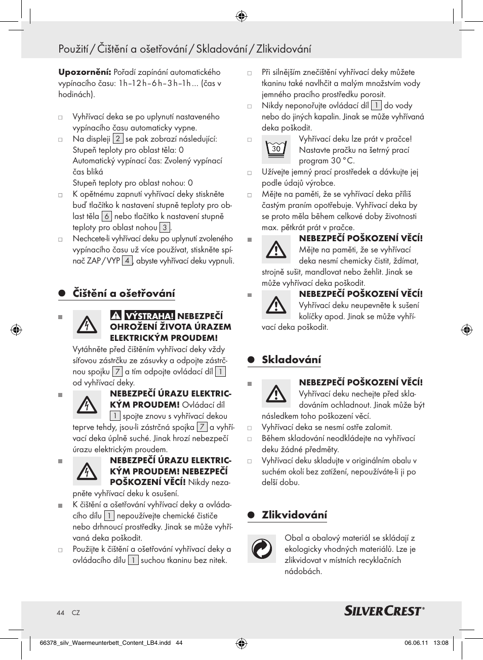 Čištění a ošetřování, Skladování, Zlikvidování | Silvercrest Luxury Heated Mattress Pad User Manual | Page 40 / 58