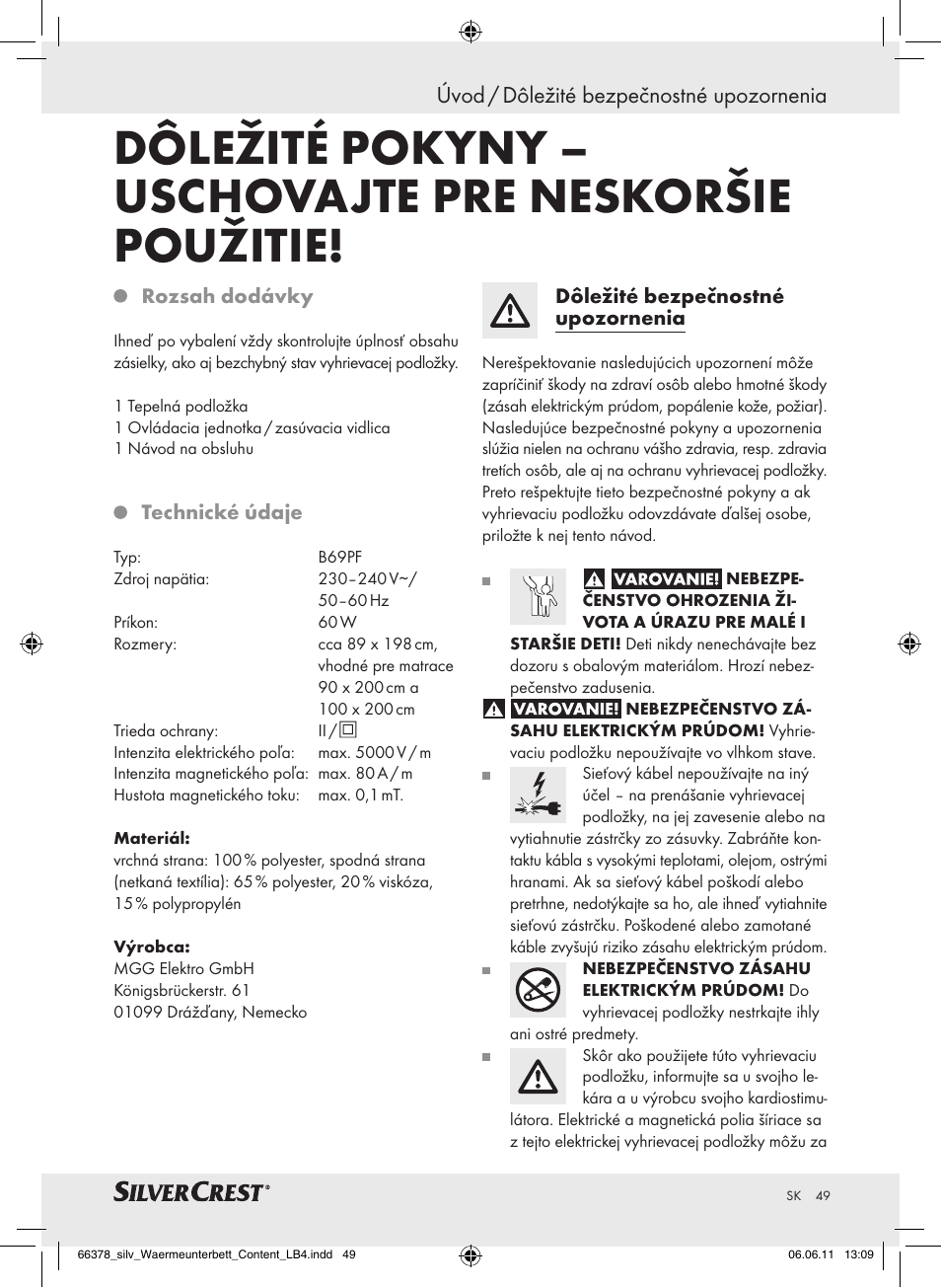 Úvod / dôležité bezpečnostné upozornenia | Silvercrest Luxury Heated Mattress Pad User Manual | Page 45 / 58