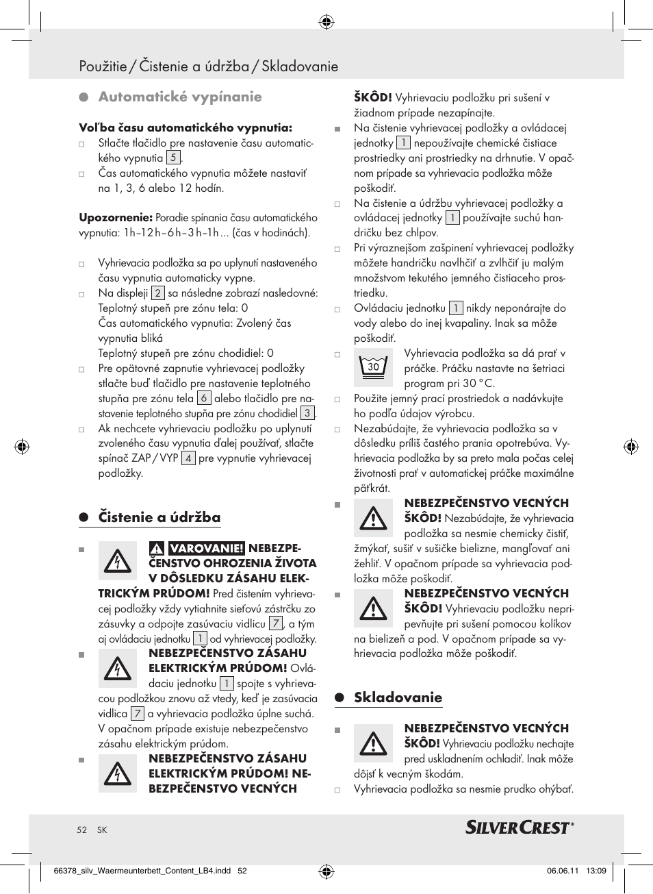 Použitie / čistenie a údržba / skladovanie, Automatické vypínanie, Čistenie a údržba | Skladovanie | Silvercrest Luxury Heated Mattress Pad User Manual | Page 48 / 58