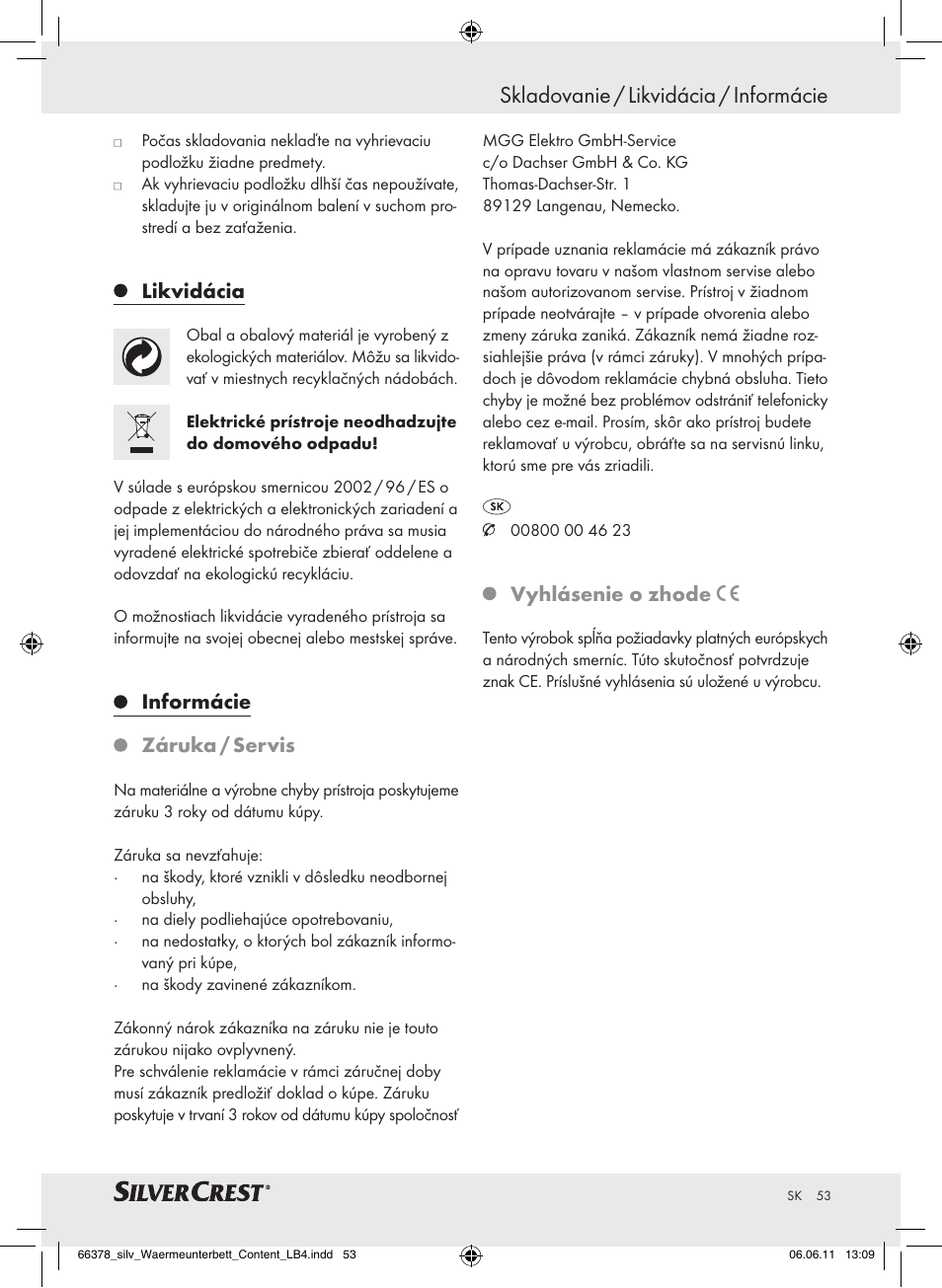 Skladovanie / likvidácia / informácie, Likvidácia, Informácie | Záruka / servis, Vyhlásenie o zhode | Silvercrest Luxury Heated Mattress Pad User Manual | Page 49 / 58