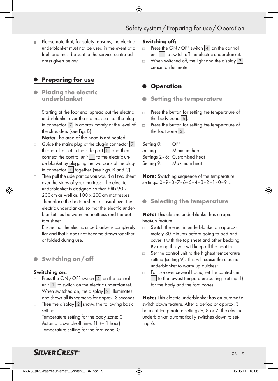 Safety system / preparing for use / operation, Switching on / off, Operation setting the temperature | Selecting the temperature | Silvercrest Luxury Heated Mattress Pad User Manual | Page 5 / 58