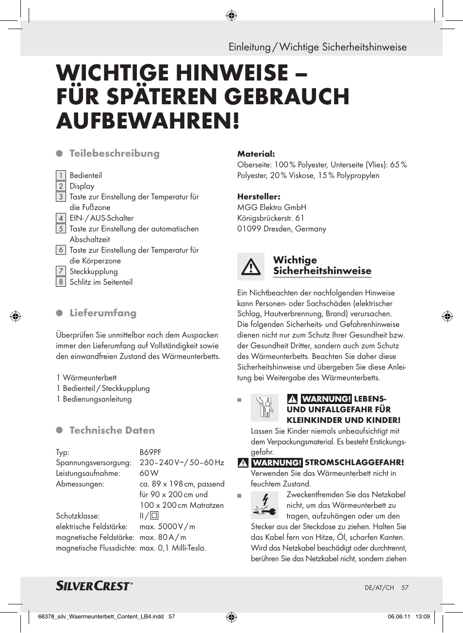 Einleitung / wichtige sicherheitshinweise | Silvercrest Luxury Heated Mattress Pad User Manual | Page 53 / 58