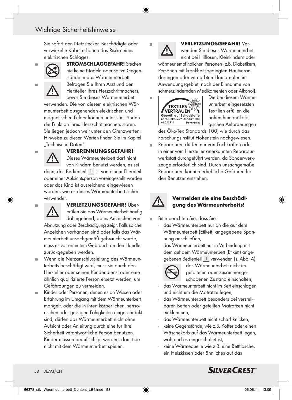 Wichtige sicherheitshinweise | Silvercrest Luxury Heated Mattress Pad User Manual | Page 54 / 58