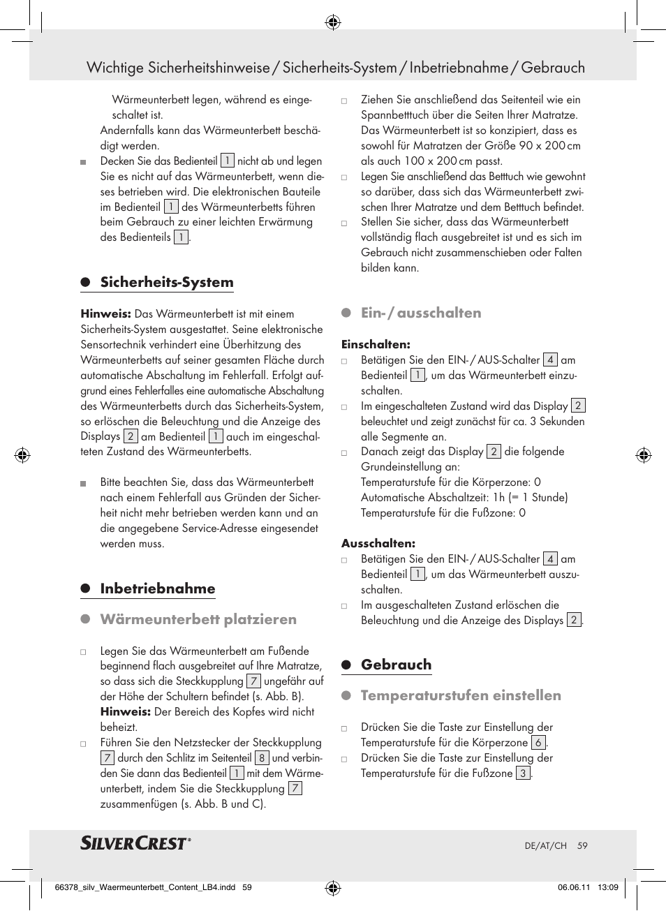 Sicherheits-system, Inbetriebnahme wärmeunterbett platzieren, Ein- / ausschalten | Gebrauch temperaturstufen einstellen | Silvercrest Luxury Heated Mattress Pad User Manual | Page 55 / 58