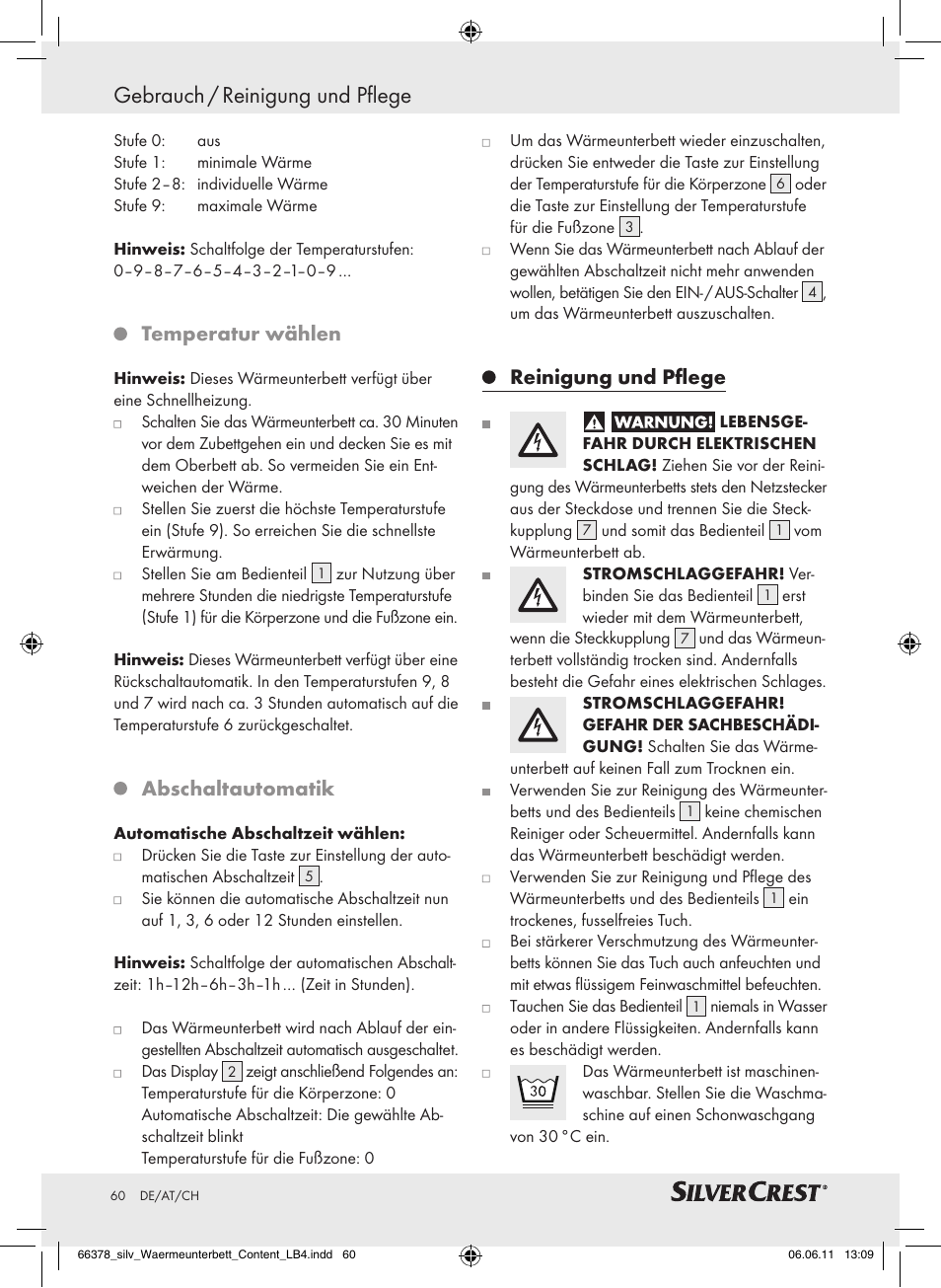 Gebrauch / reinigung und pflege, Temperatur wählen, Abschaltautomatik | Reinigung und pflege | Silvercrest Luxury Heated Mattress Pad User Manual | Page 56 / 58