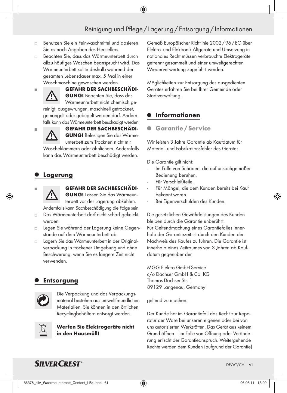 Lagerung, Entsorgung, Informationen garantie / service | Silvercrest Luxury Heated Mattress Pad User Manual | Page 57 / 58