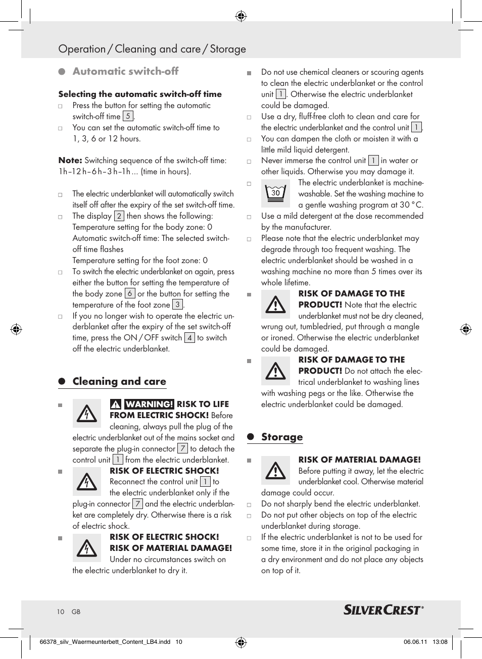 Operation / cleaning and care / storage, Automatic switch-off, Cleaning and care | Storage | Silvercrest Luxury Heated Mattress Pad User Manual | Page 6 / 58