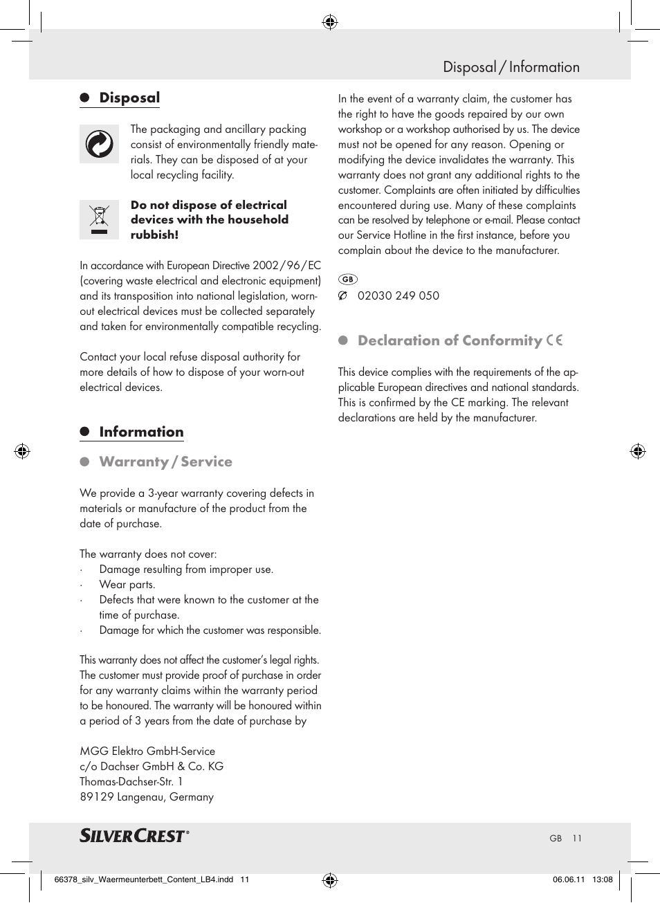 Disposal / information, Disposal, Information warranty / service | Declaration of conformity | Silvercrest Luxury Heated Mattress Pad User Manual | Page 7 / 58