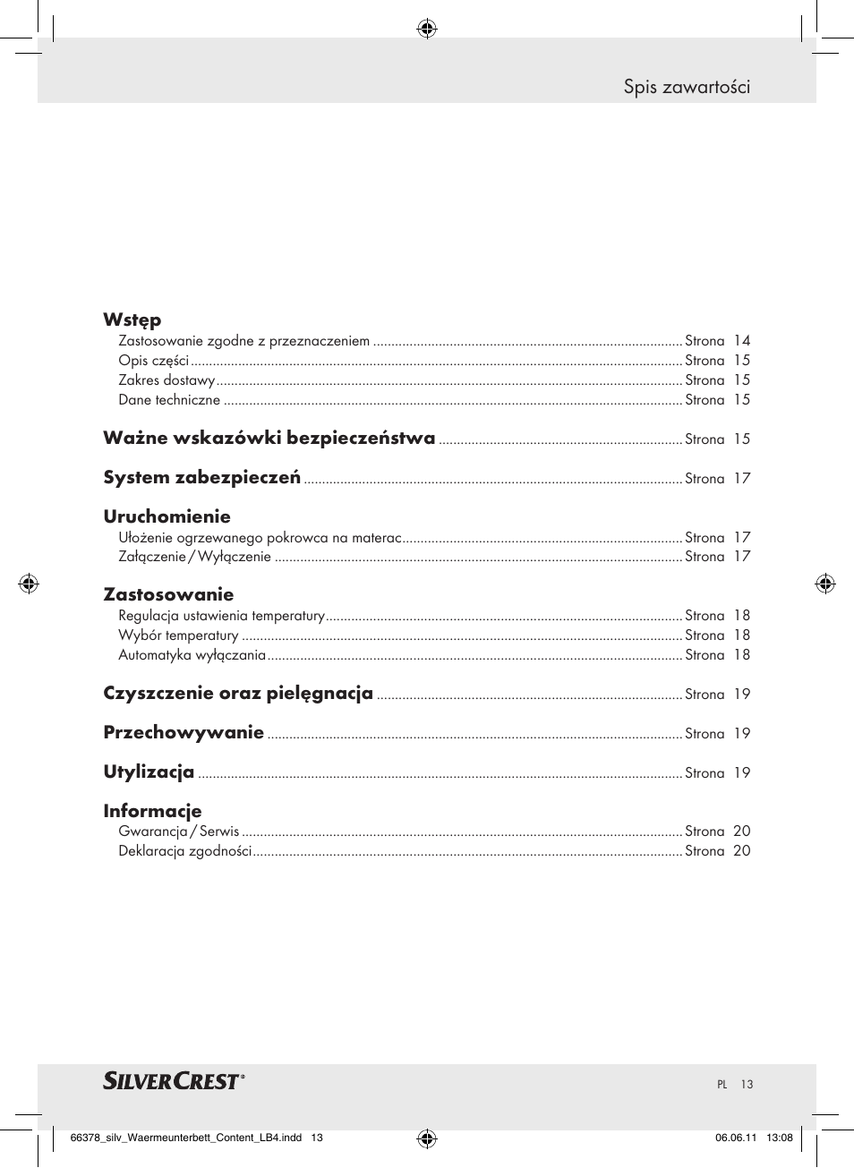 Spis zawartości | Silvercrest Luxury Heated Mattress Pad User Manual | Page 9 / 58