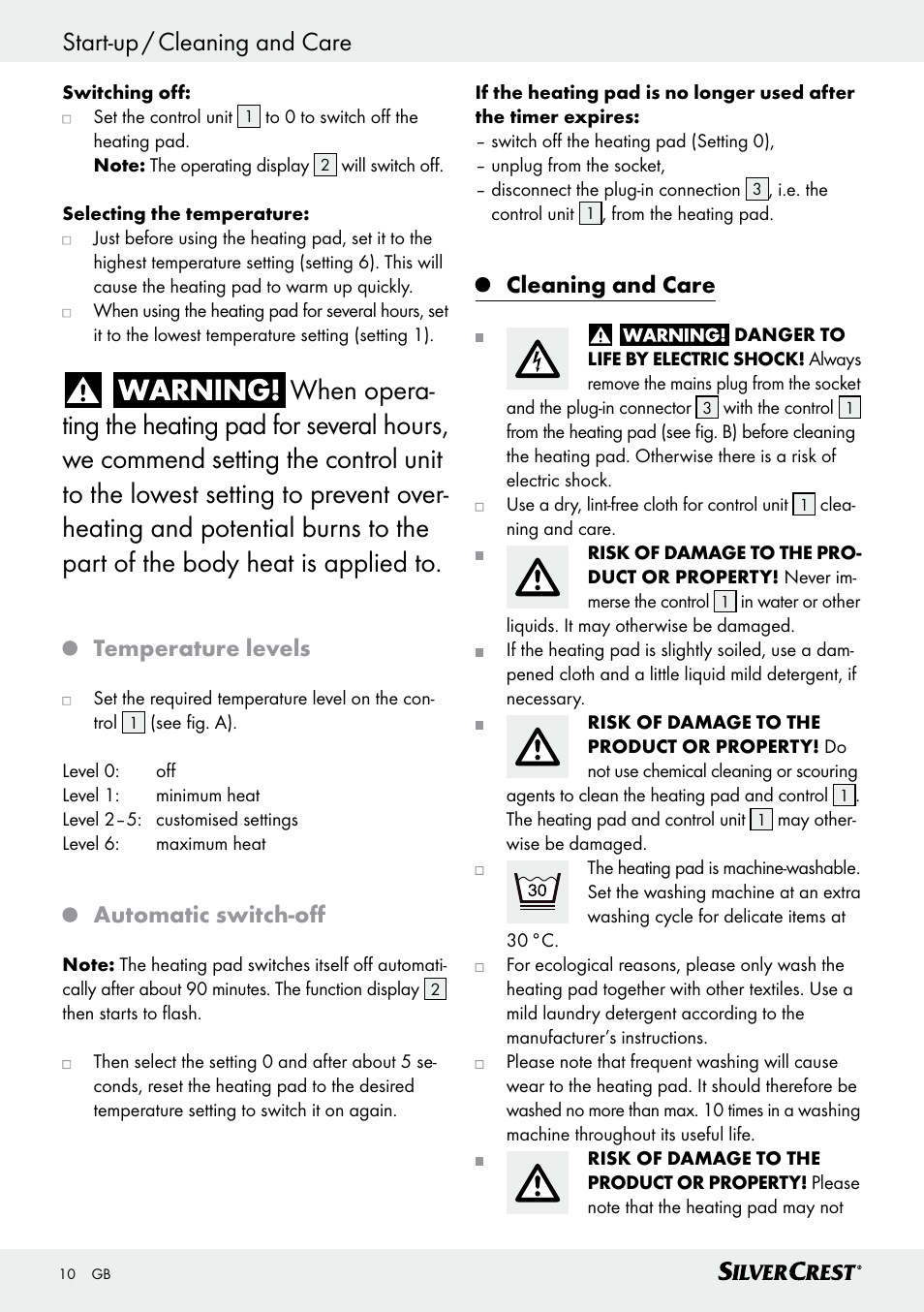 Temperature levels, Automatic switch-off, Cleaning and care | Silvercrest SRNH 100 C2 User Manual | Page 10 / 55