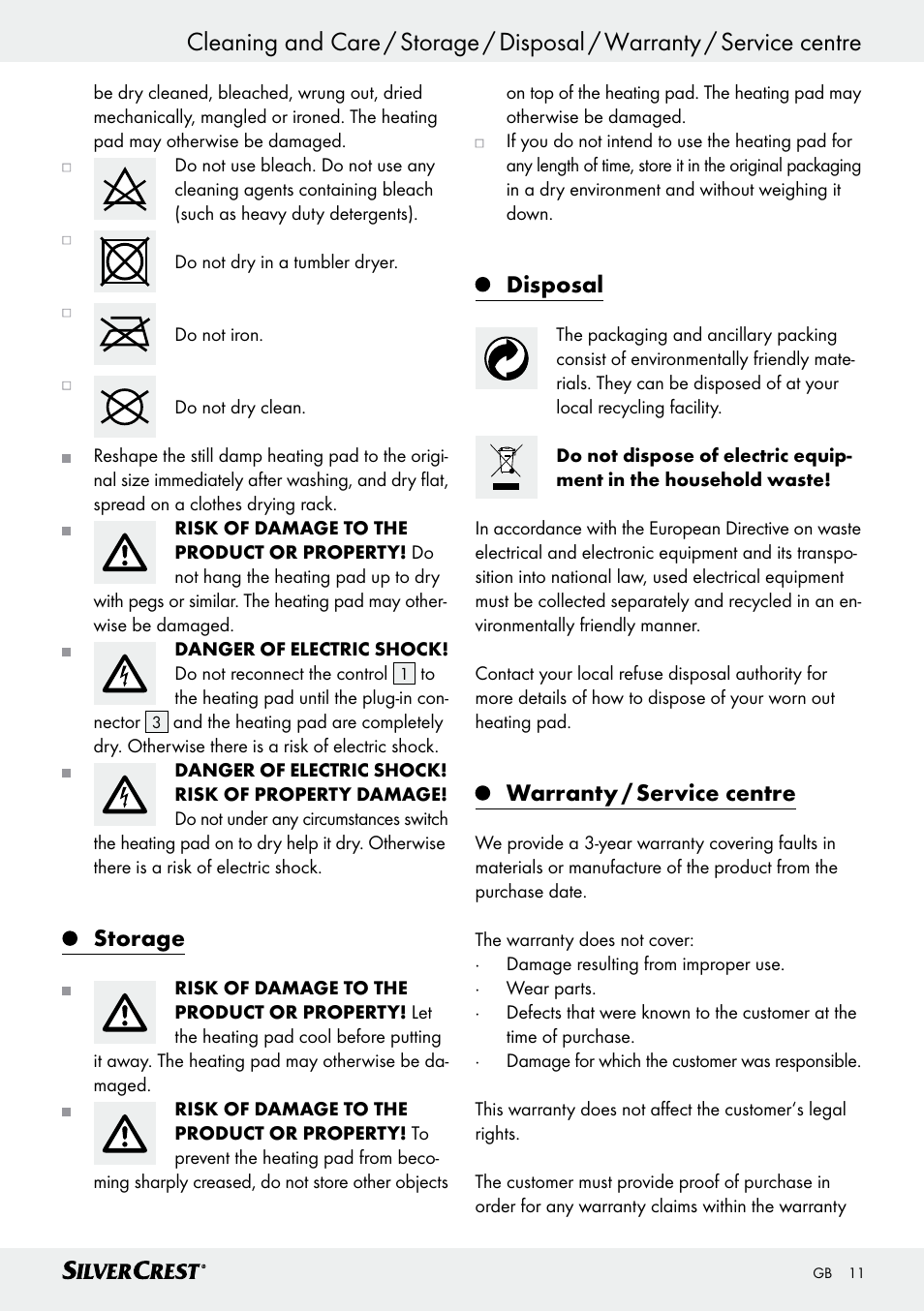 Storage, Disposal, Warranty / service centre | Silvercrest SRNH 100 C2 User Manual | Page 11 / 55