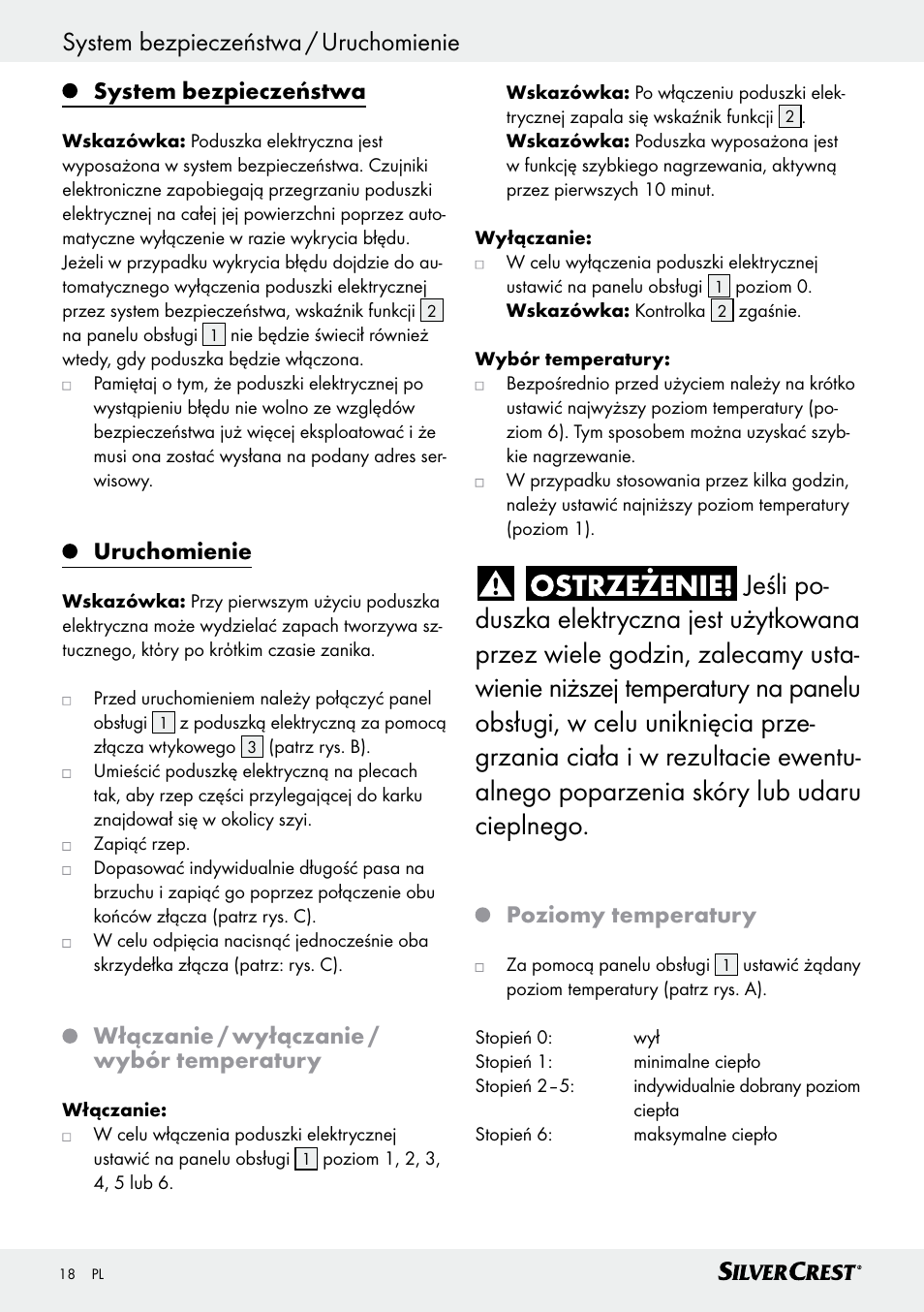 System bezpieczeństwa, Uruchomienie, Włączanie / wyłączanie / wybór temperatury | Poziomy temperatury | Silvercrest SRNH 100 C2 User Manual | Page 18 / 55
