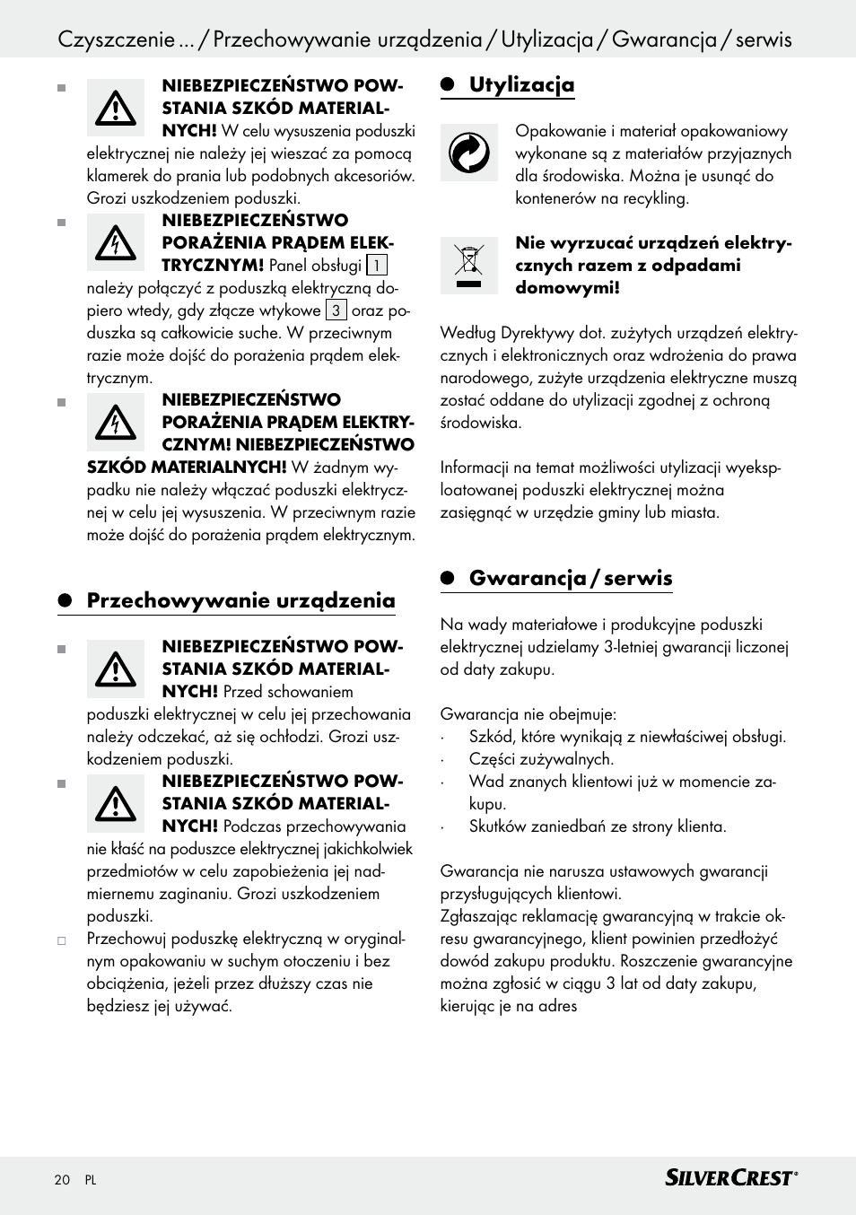 Przechowywanie urządzenia, Utylizacja, Gwarancja / serwis | Silvercrest SRNH 100 C2 User Manual | Page 20 / 55