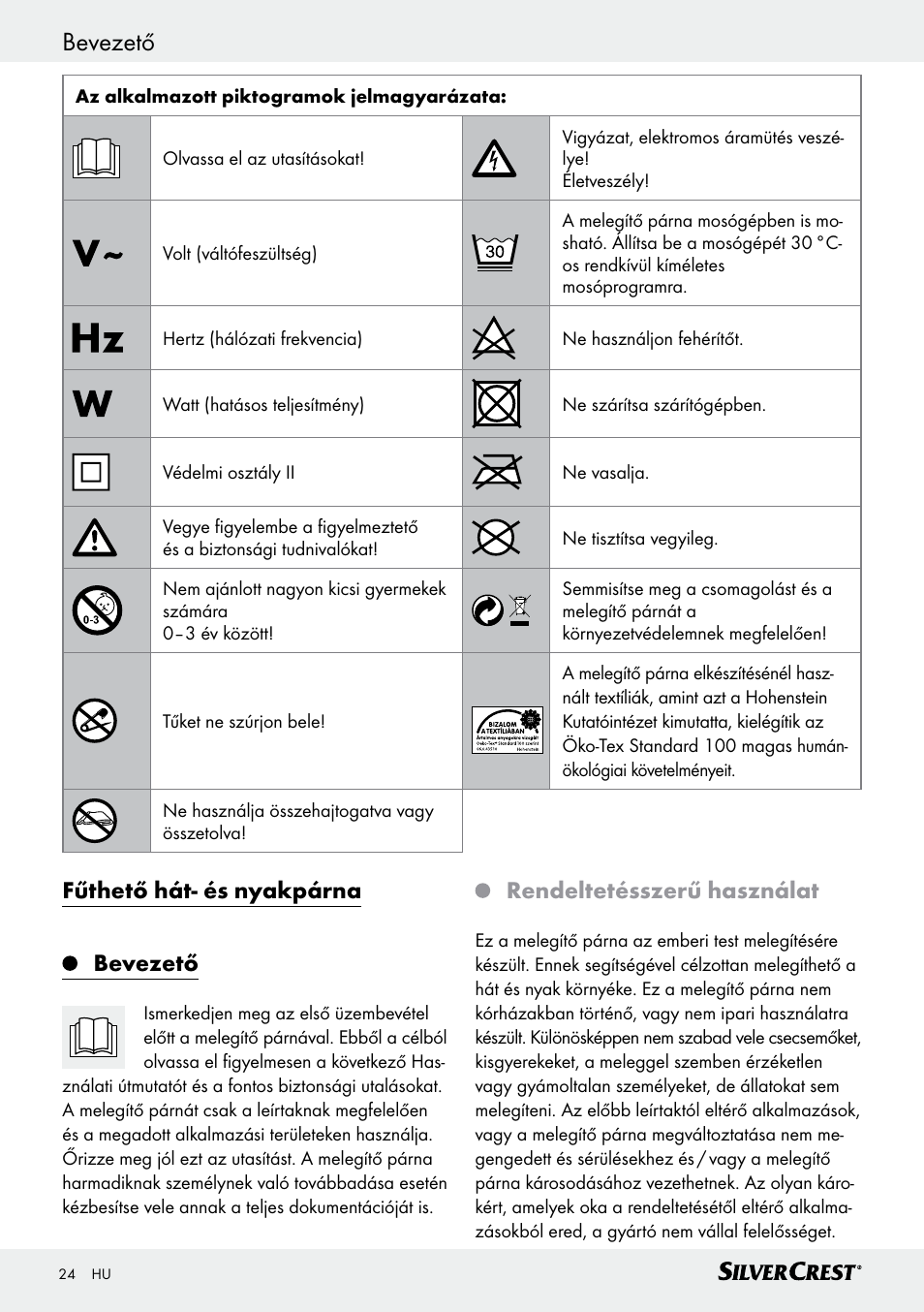 Bevezető / fontos biztonsági tudnivalók bevezető, Fűthető hát- és nyakpárna bevezető, Rendeltetésszerű használat | Silvercrest SRNH 100 C2 User Manual | Page 24 / 55