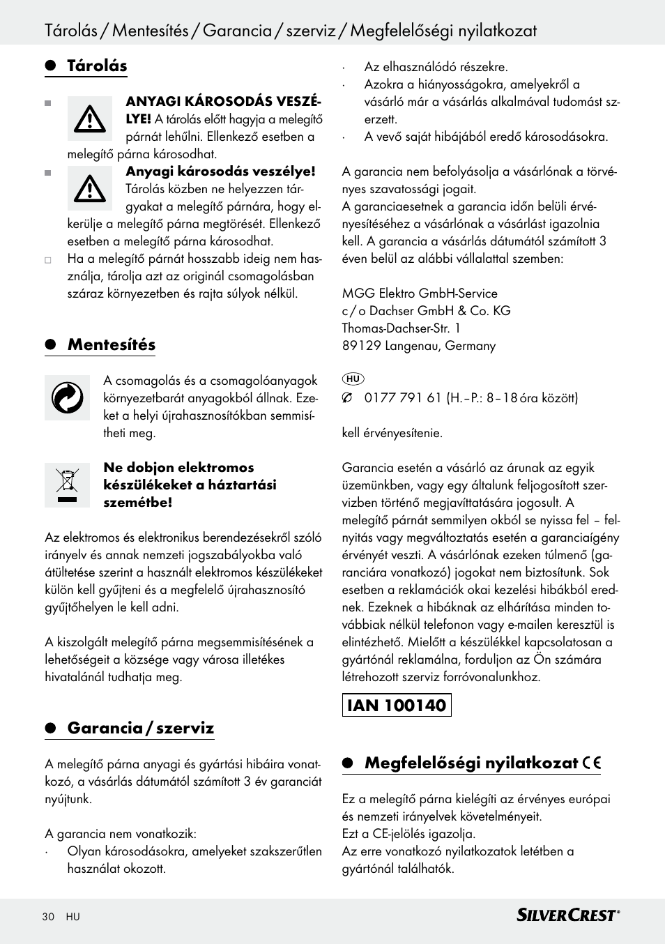 Tárolás, Mentesítés, Garancia / szerviz | Silvercrest SRNH 100 C2 User Manual | Page 30 / 55