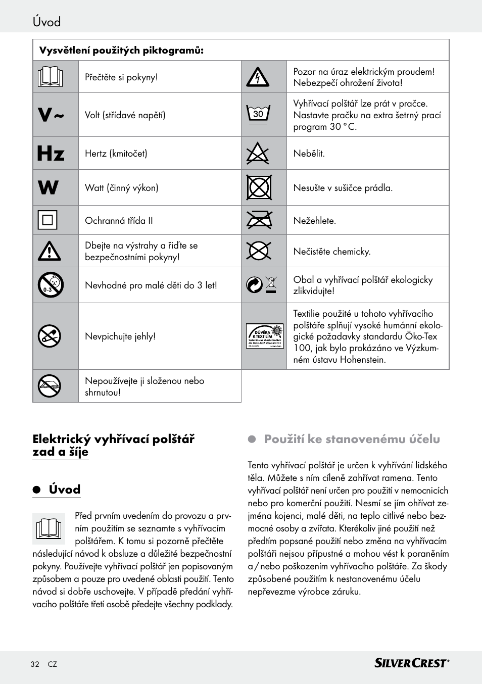 Úvod / důležitá bezpečnostní upozornění úvod, Elektrický vyhřívací polštář zad a šíje úvod, Použití ke stanovenému účelu | Silvercrest SRNH 100 C2 User Manual | Page 32 / 55