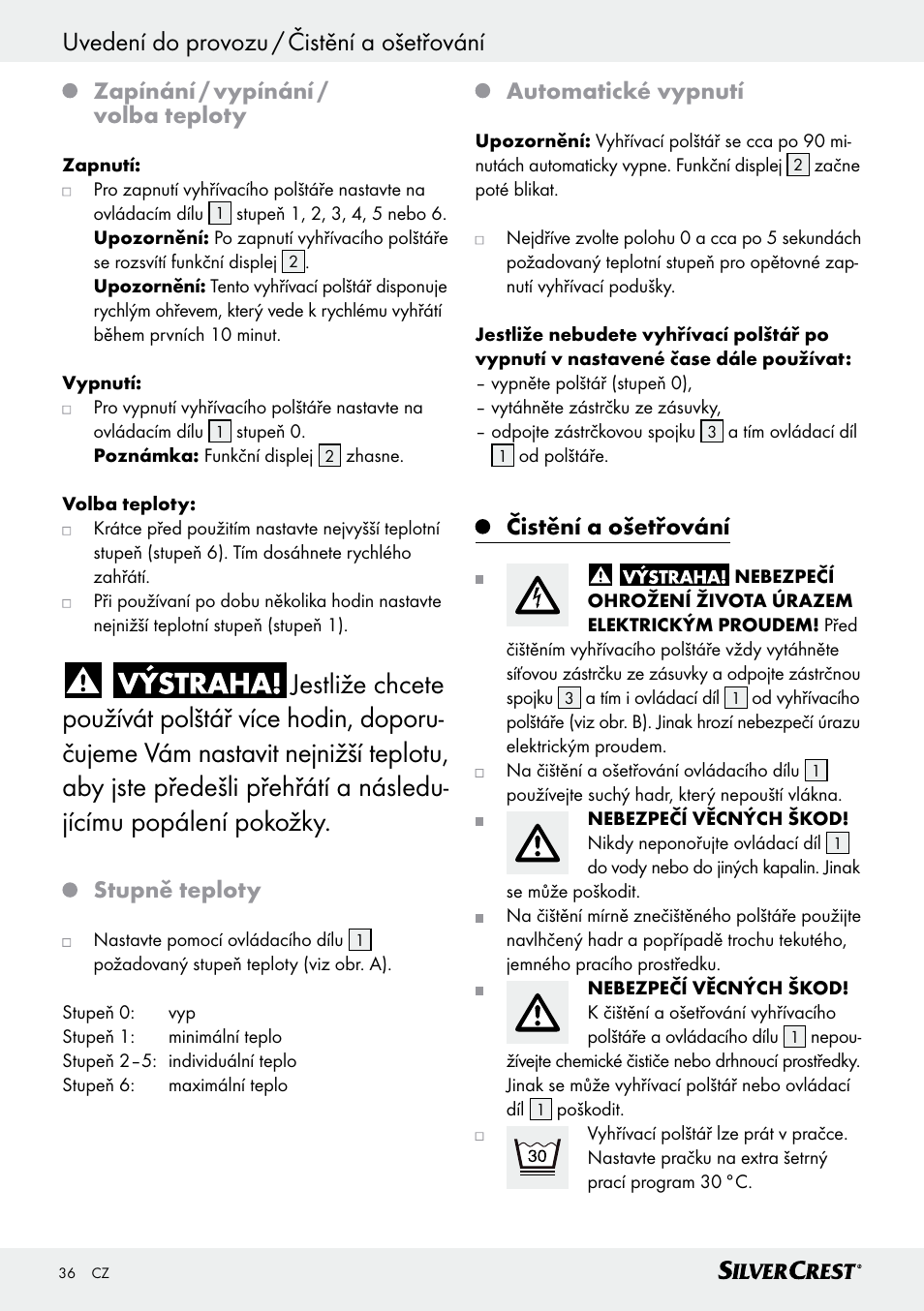 Zapínání / vypínání / volba teploty, Stupně teploty, Automatické vypnutí | Čistění a ošetřování | Silvercrest SRNH 100 C2 User Manual | Page 36 / 55