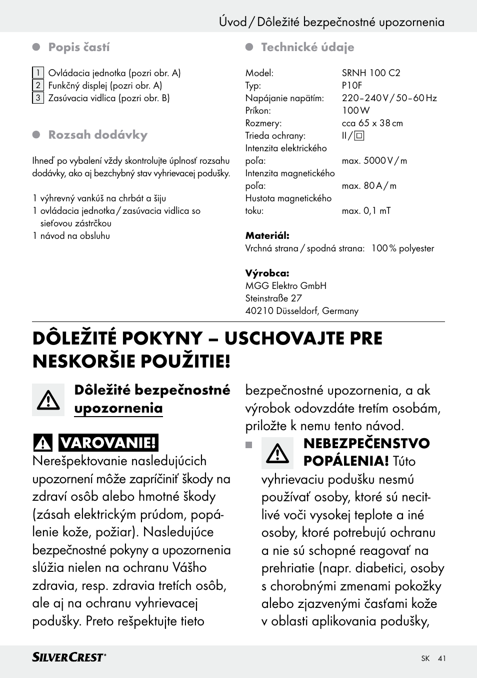 Úvod / dôležité bezpečnostné upozornenia | Silvercrest SRNH 100 C2 User Manual | Page 41 / 55