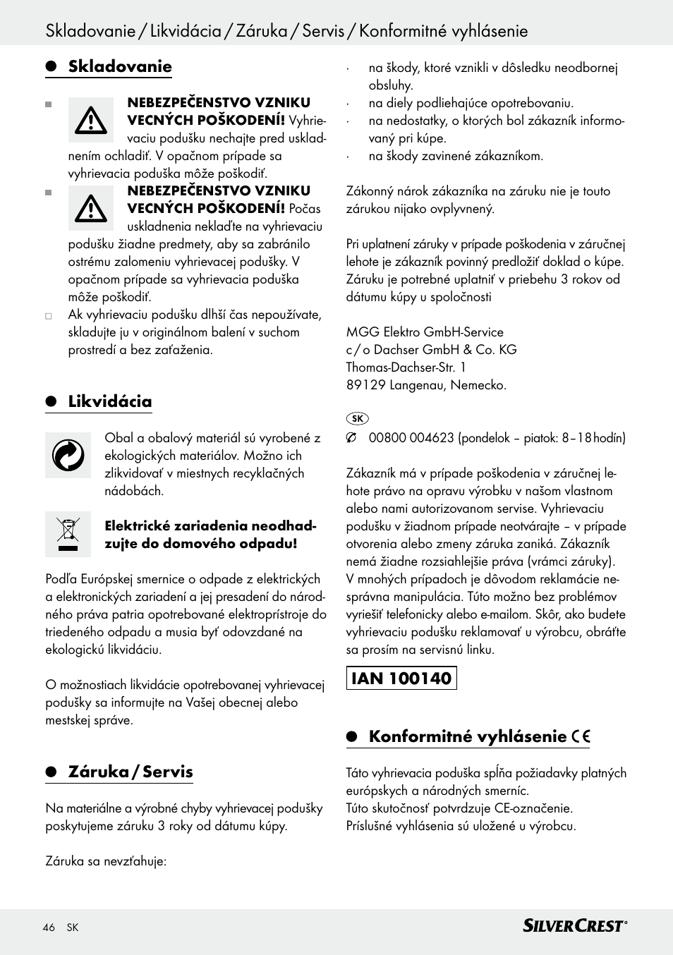 Skladovanie, Likvidácia, Záruka / servis | Silvercrest SRNH 100 C2 User Manual | Page 46 / 55